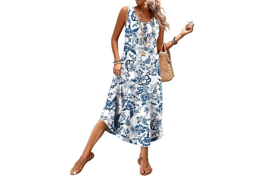 The unexpected outfit win starring Dress and clean accents — WIHOLL Summer Dresses for Women 2026 Button Front Sleeveless Casual Midi Dress Beach Vacation Sundresses with Pockets