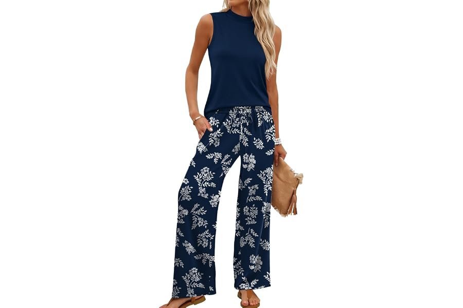 Wide-Leg Pants and Sunglasses: A visual study in effortless proportions — WIHOLL Two Piece Set for Women Summer Spring Outfits Cruise Travel Airport Beach Vacation Mock Neck Wide Leg Pants Set