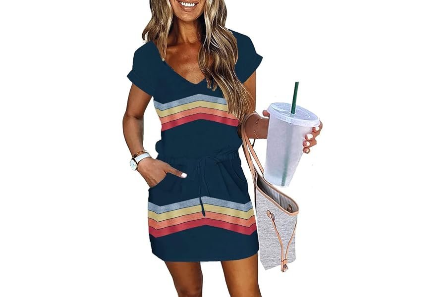 Upgrading the classic everyday uniform with Dress — Womens Summer Dress Lantern Sleeve V Neck Tie Front Drawstring Mini Dress