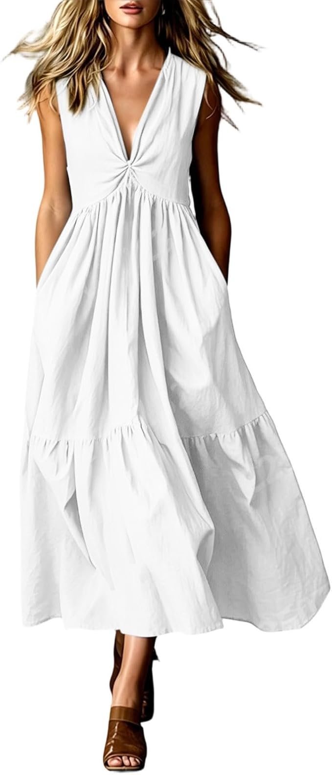The midday outfit code: Dress with relaxed daily energy — Yafinmo Summer Maxi Dresses for Women 2026 Sleeveless V Neck A Linen Dress Wedding Guest Long Dress Casual Flowy Dresses