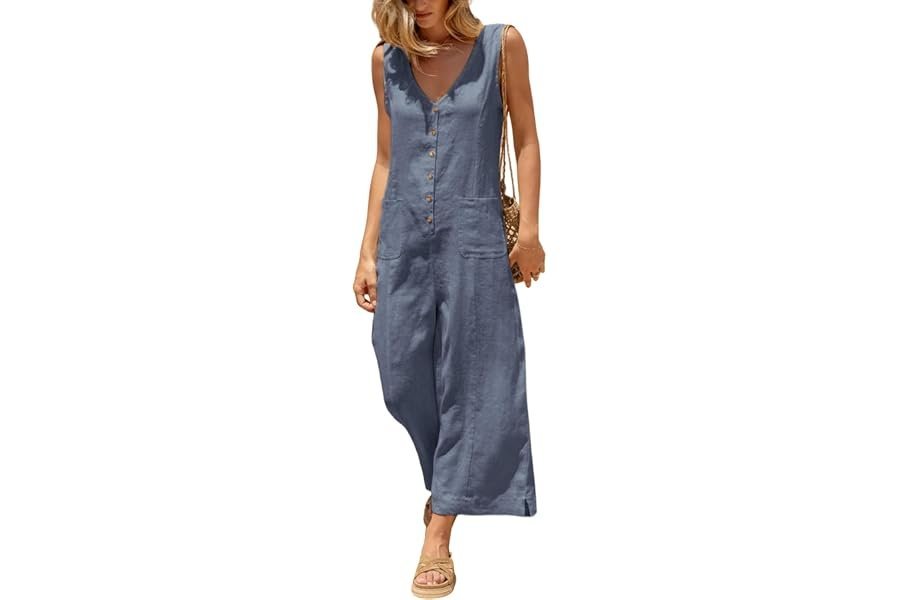 The midday outfit code: Wide-Leg Dress with relaxed daily energy — Yeokou Women Button Down Jumpsuits Cotton Linen Sleeveless Casual Wide Legs Rompers Loose Overall With Pockets