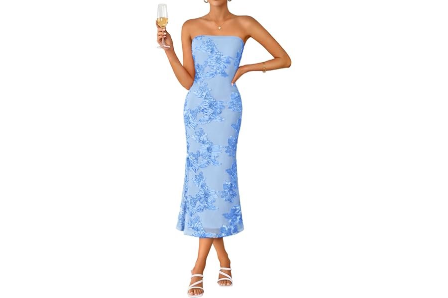 A seamless at-home outfit formula built on Strapless Dress — ZESICA Cocktail Wedding Guest Dresses for Women 2026 Summer Strapless Floral Bodycon Mesh Tube Formal Party Midi Dress
