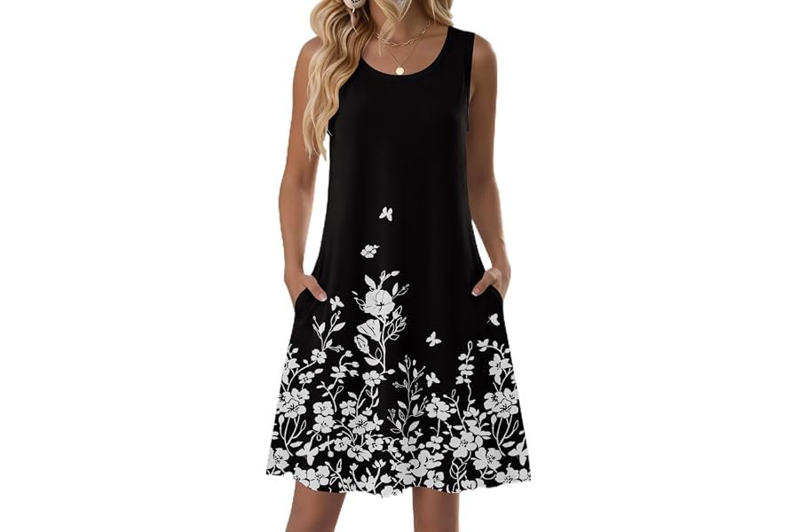 Soft textures, clean lines: Dress in the morning light — Zeagoo Summer Dresses for Women 2026 Sleeveless Casual Floral Tshirt Sundress with Pockets Loose Tank Beach Dress