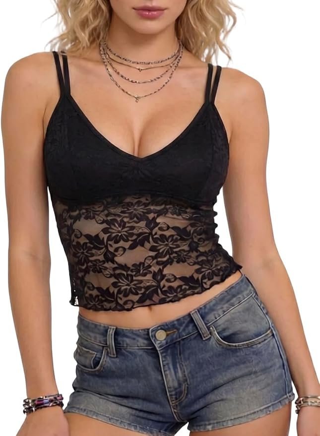 What made Cropped Top work for this everyday look — ZhouBoat Women's Lace Camisole Top Y2k Spaghetti Strap Sheer Crop Top