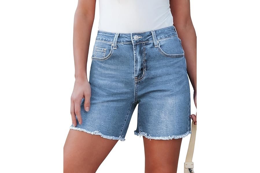 Finding the perfect balance with High-Rise Jeans under the sunset sun — luvamia FleXclusive Jean Shorts for Women Trendy High Waisted Stretchy Denim Summer Raw Hem Mom Long Shorts Cutoff Jorts