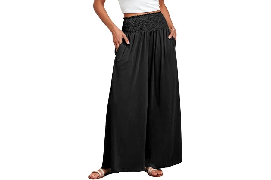 The effortless transition: Top under the sunset sky — ANRABESS Women Palazzo Pants Summer Boho Bagyy Wide Leg High Smocked Waist Casual Loose Lounge Pant with Pocket