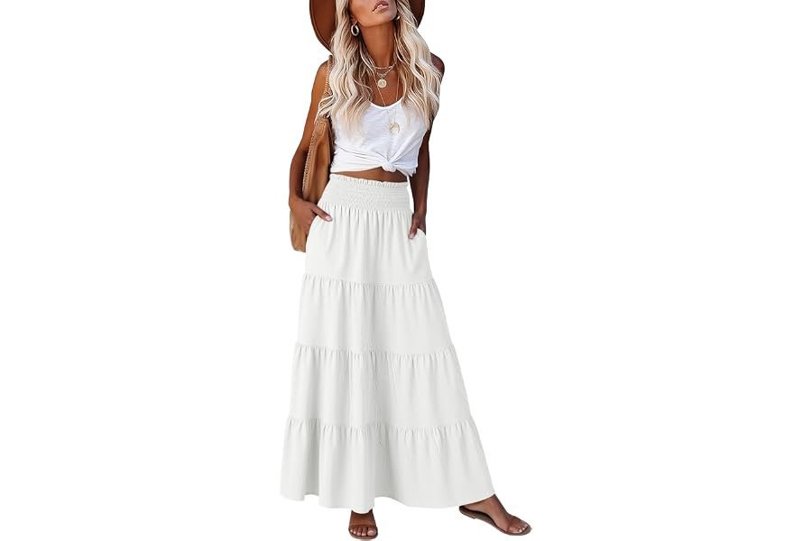 How to style Jacket for that effortless morning transition — ANRABESS Womens Maxi Skirts, Elastic High Waist A-Line Tiered, Long Flowy Boho Skirts, Summer Casual Beach & Vacation Wear
