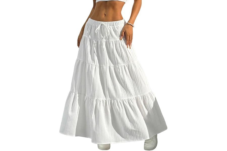 The effortless transition: Shorts under the sunset sky — DERAX Women's Boho Flowy White Maxi Skirt Flared Ruffle Elastic Waist Summer A Line 2026 Spring Long Skirts