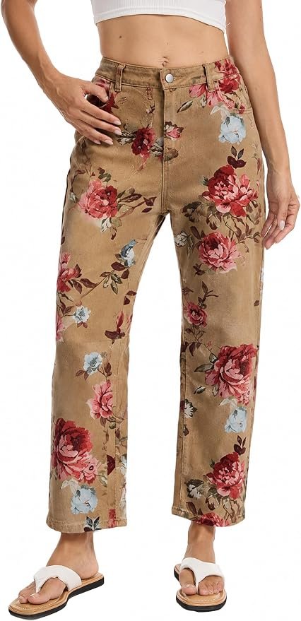 Blazer under the late-night sky — Demoking Mid Rise Barrel Jeans for Women Wash Floral Print Casual Denim Jeans with Pockets