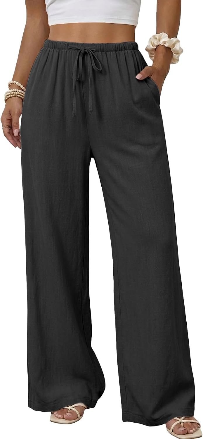 Shirt understood the assignment before I did — Duyang Womens Cotton Linen Palazzo Pants Drawstring Elastic Waist Casual Wide Leg Trousers with Pockets