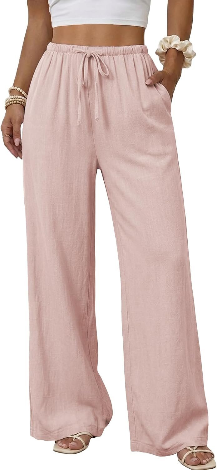 From morning coffee to evening shade: Bag style journal — Duyang Womens Cotton Linen Palazzo Pants Drawstring Elastic Waist Casual Wide Leg Trousers with Pockets(Pink,S)