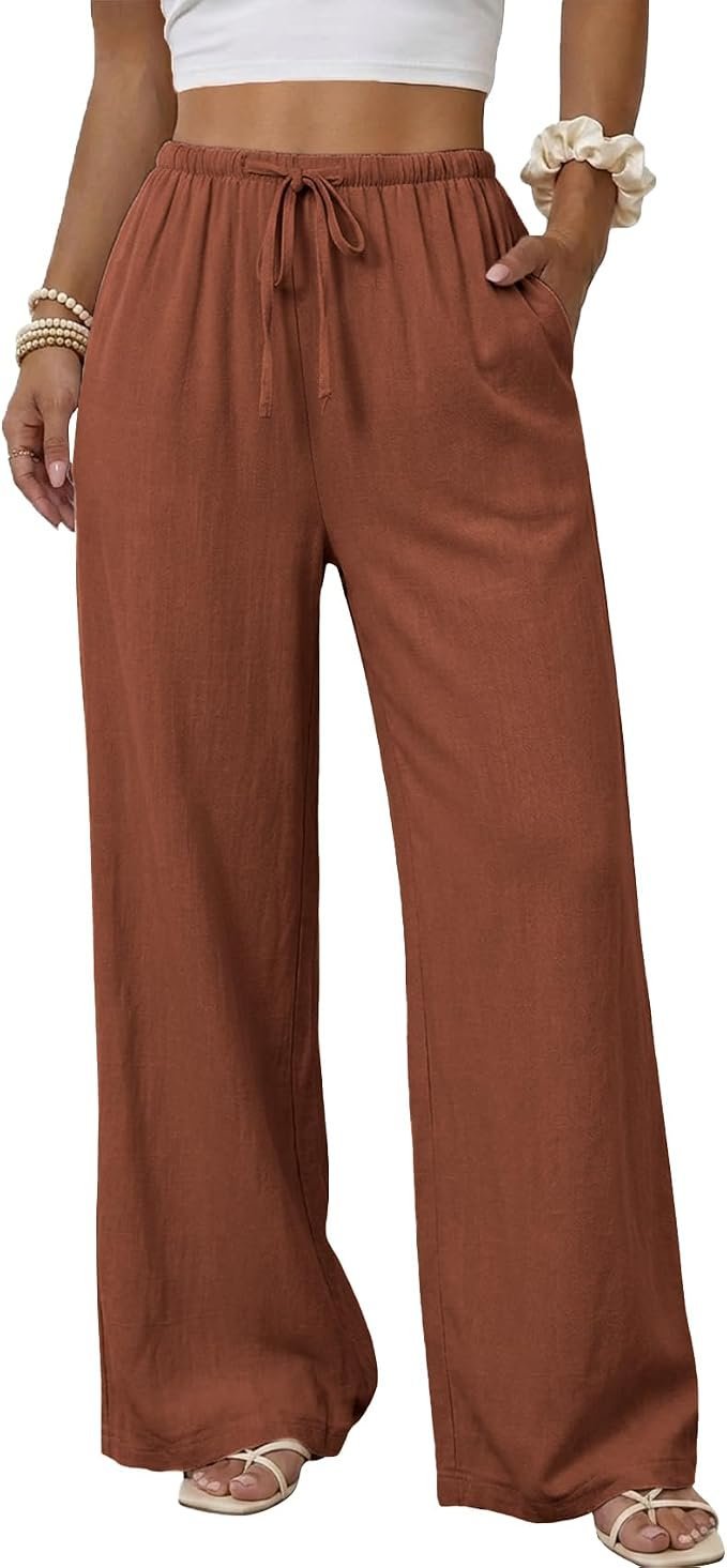 The understated chic edit: Shirt for a morning outing — Duyang Womens Cotton Linen Palazzo Pants Drawstring Elastic Waist Casual Wide Leg Trousers with Pockets