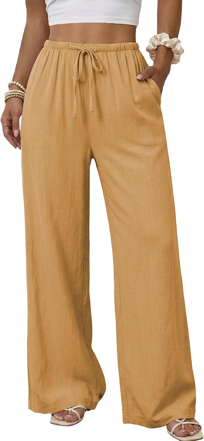 The five-minute outfit built around Cropped Lightweight Top — Duyang Womens Cotton Linen Palazzo Pants Drawstring Elastic Waist Casual Wide Leg Trousers with Pockets(Gamboge,XL), X-Large