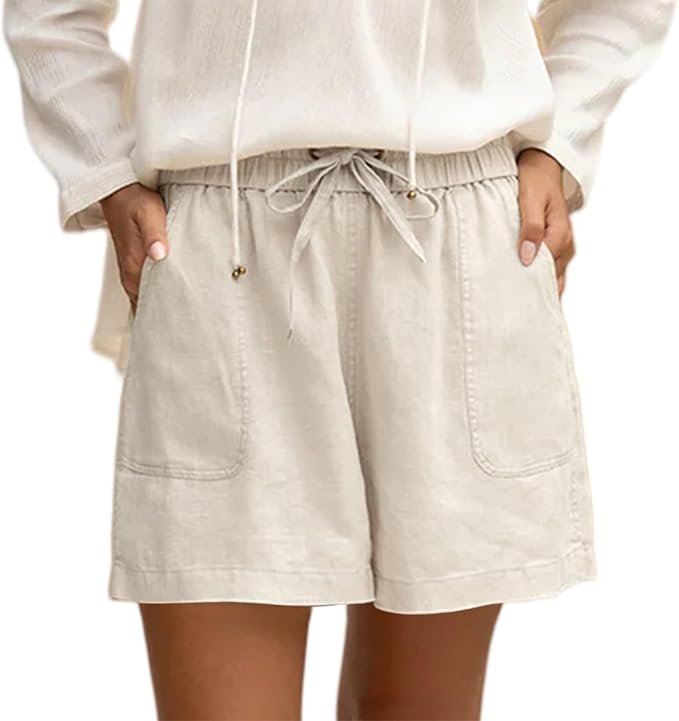 Sweatshirt understood the assignment before I did — Duyang Women Summer Linen Shorts Elastic High Waist Comfy Drawstring Travel Casual Loose Beach Shorts with Pockets