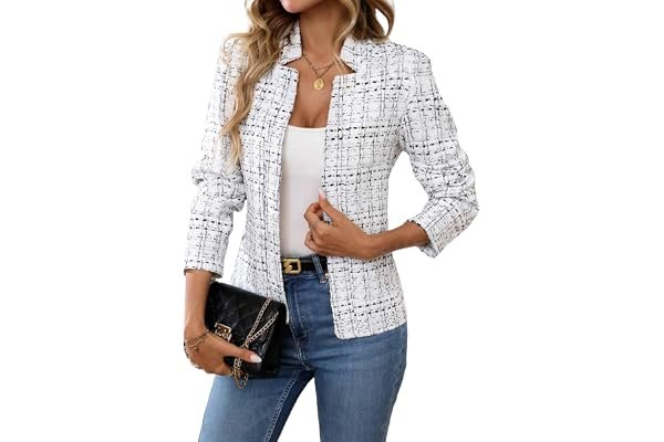 The Lightweight Shorts outfit for when casual needs a better publicist — ELLEVEN Womens' Tweed Open Front Blazer Long Sleeve Jacket Notch Collar Fully Lined Casual Business Work Office Coat