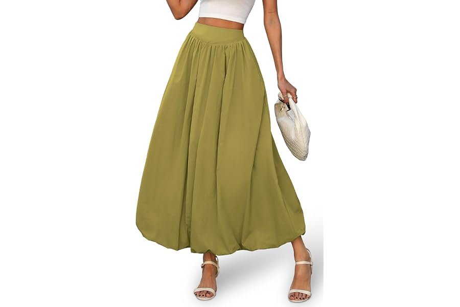 The secret behind this everyday outfit: Shorts does the heavy lifting — ELLEVEN Women's Bubble Maxi Skirt, Elastic Waist Puffy Hem A-Line Skirt with Pockets