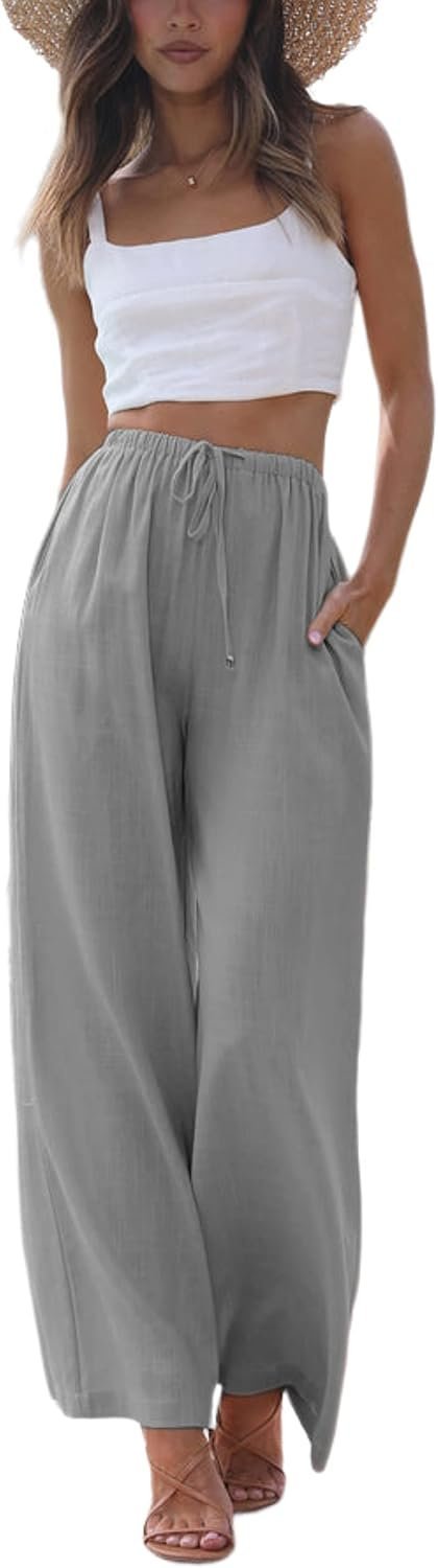 The casual-chic formula: Shirt for a relaxed on-the-go scene — Faleave Women's Cotton Linen Summer Palazzo Pants Flowy Wide Leg Beach Trousers with Pockets