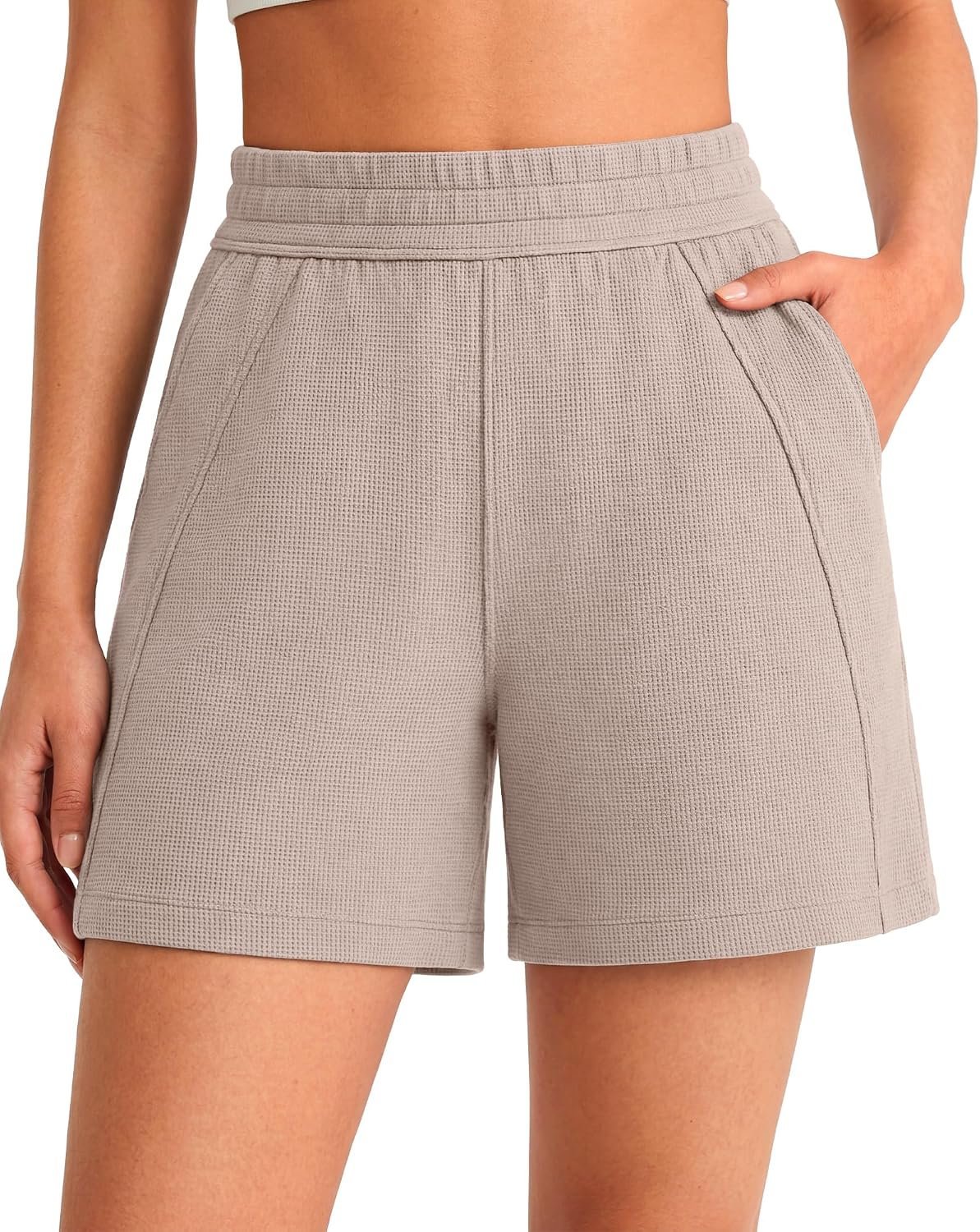The secret behind this golden-hour outfit: Jacket does the heavy lifting — G4Free Waffle Knit Casual Shorts for Women 4'' - High Waisted Summer Soft Athletic Shorts with Pockets