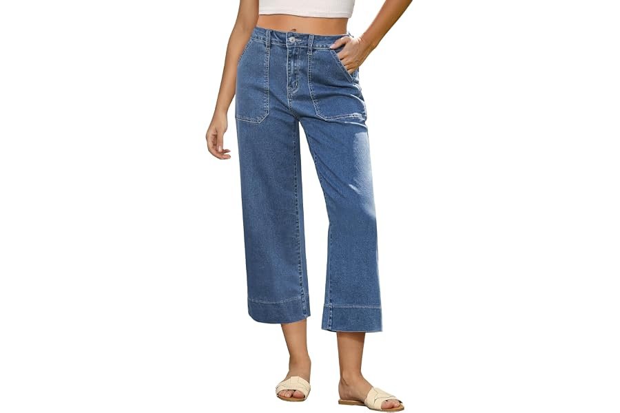 Finding the perfect balance with Shorts under the midday sun — GRAPENT Capri Jeans for Women High Waisted Wide Leg Trendy Strechy Loose Straight Cropped Denim Jeans Pants with Pockets