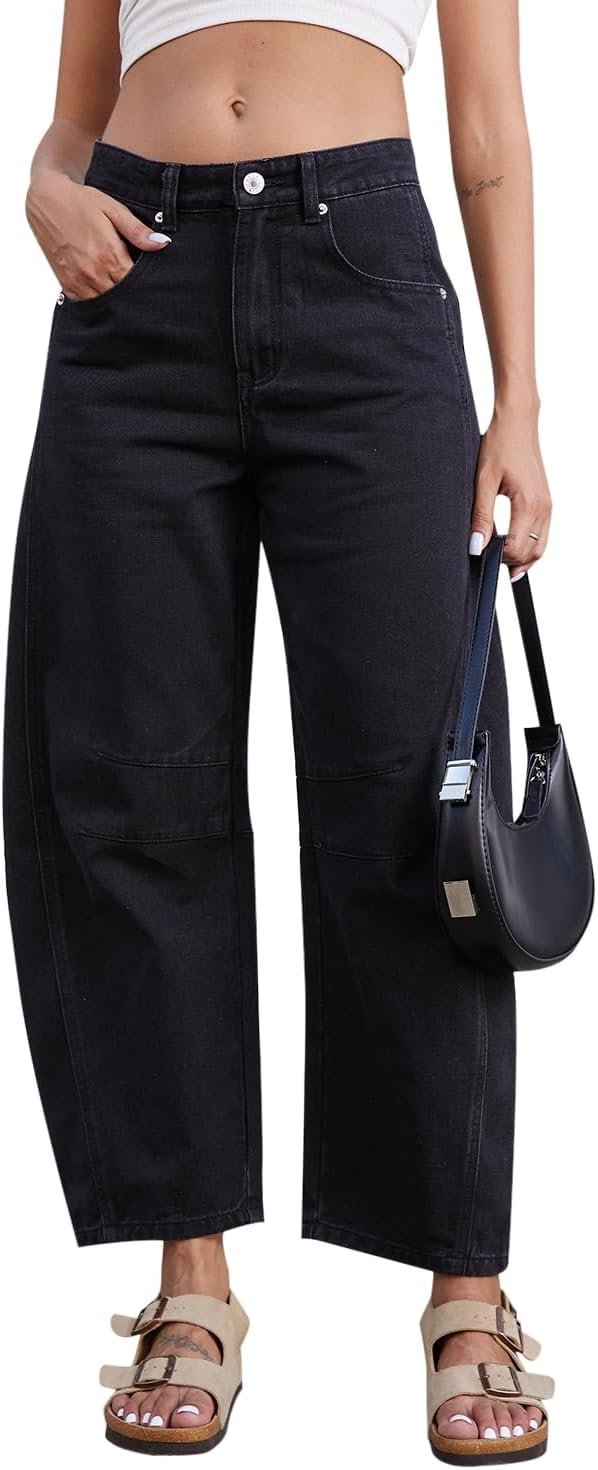 Upgrading the classic on-the-go uniform with Cropped Jacket — Greaidea Barrel Jeans for Women Mid Rise Stretchy Baggy Denim Ankle Pants