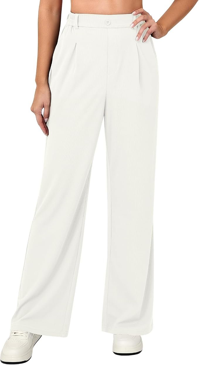 Shirt walked into a closet and raised the bar — Hepoe Wide Leg Pants for Women, Casual Work High Waisted Dress Pants, Waffle Slacks Stretchy Business Trousers