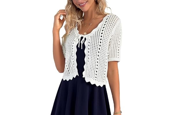 The understated chic edit: Lightweight Shorts for a late-night outing — Kate Kasin Women Crochet Shrug Sweater Tie Front Knit Bolero Shrug for Dress Short Sleeve Cropped Cardigan