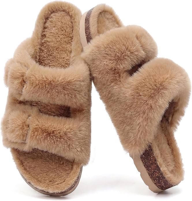 When 2 Piece Striped Lounge Set brings just enough texture contrast to the outfit — Kidmi Fuzzy Slippers for Women with Cork Footbed Fluffy Slides House Shoes