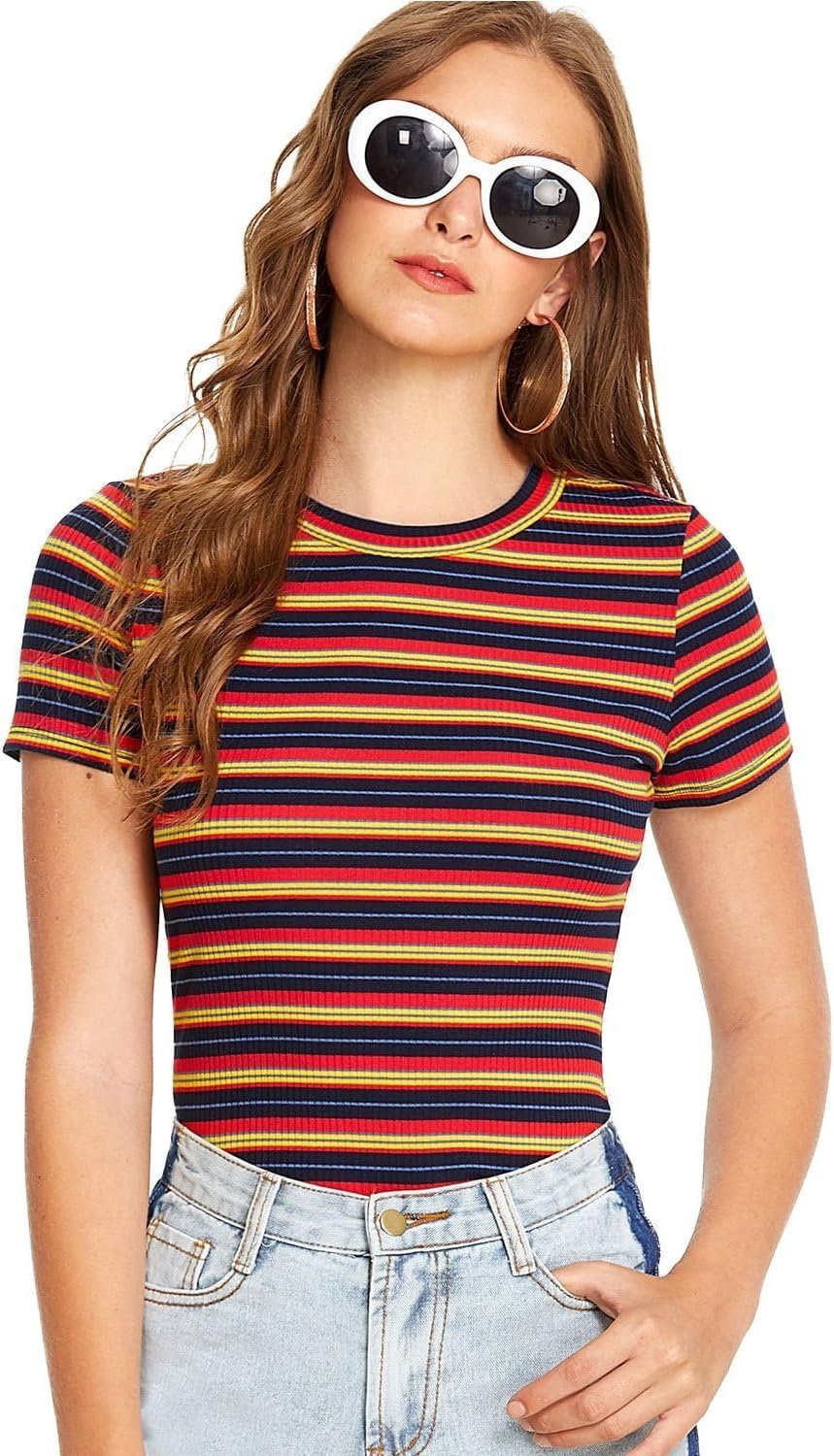 A very specific outfit mood: Cropped Jacket and nowhere urgent to be — Milumia Women's Multi Striped Ribbed Short Sleeve Tee 90s Colorful Top