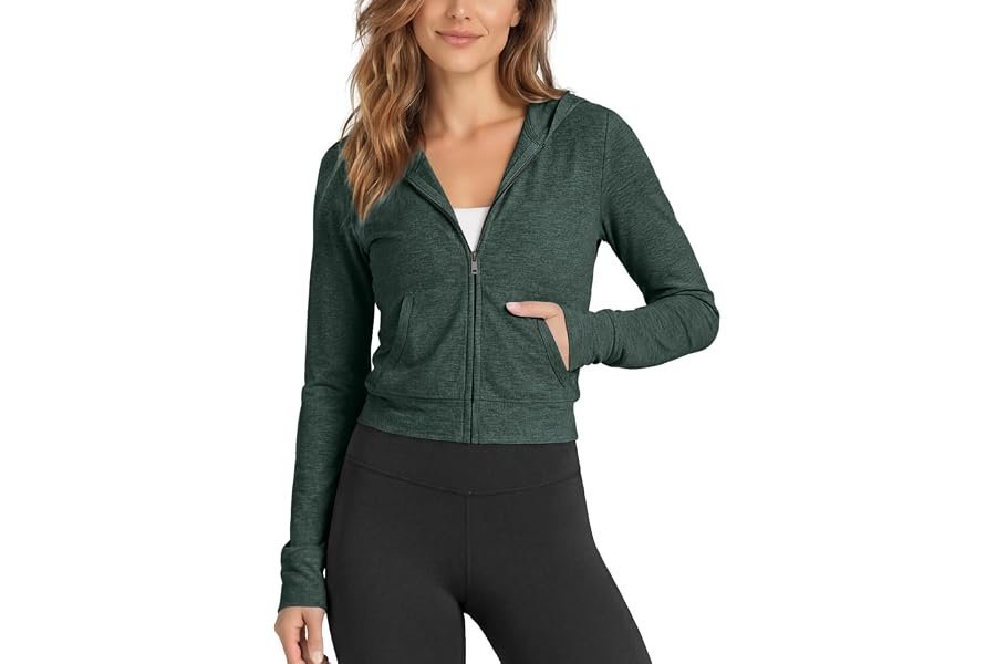 The on-the-go styling trick: letting Bodysuit set the visual tone — ODODOS Women's Full-Zip Cropped Hoodie - odSTRATUM Tech Ultra Soft UPF 50+ Hooded Jacket with Pockets
