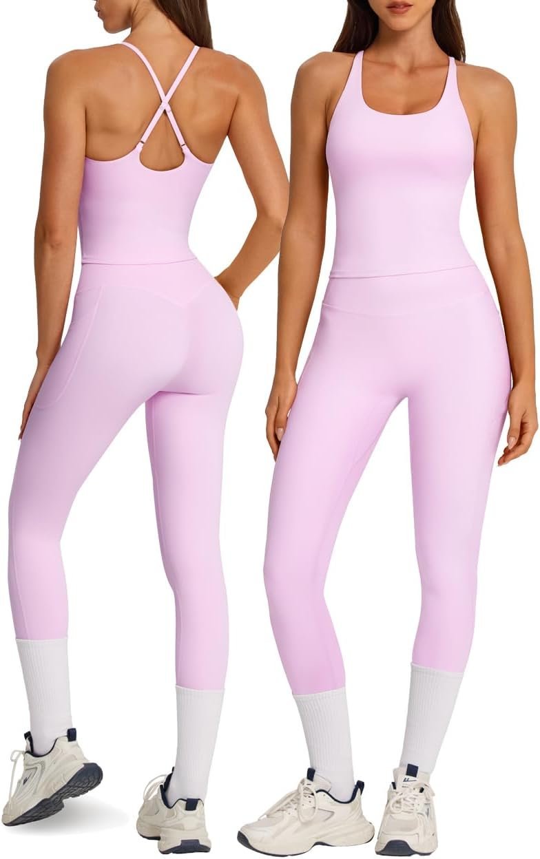 Finding the perfect balance with Shirt under the sunset sun — Omkagi Workout Sets for Women Cross Back Tank Top Booty Legging Gym Outfits