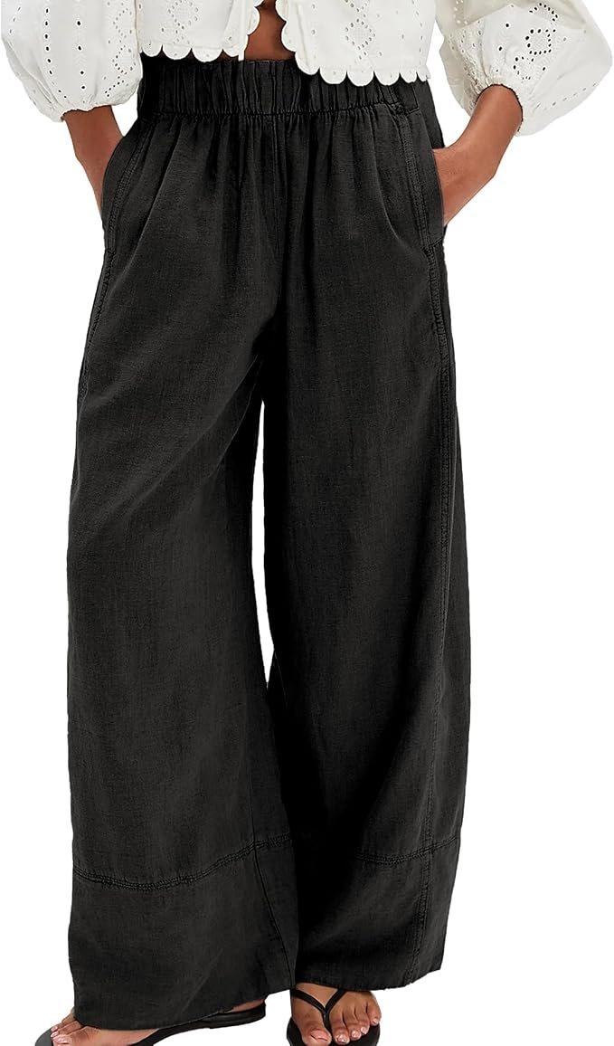The effortless transition: Bag under the morning sky — SeeLuNa Cotton Linen Pants for Women Palazzo Pants Wide Leg Lounge Trousers