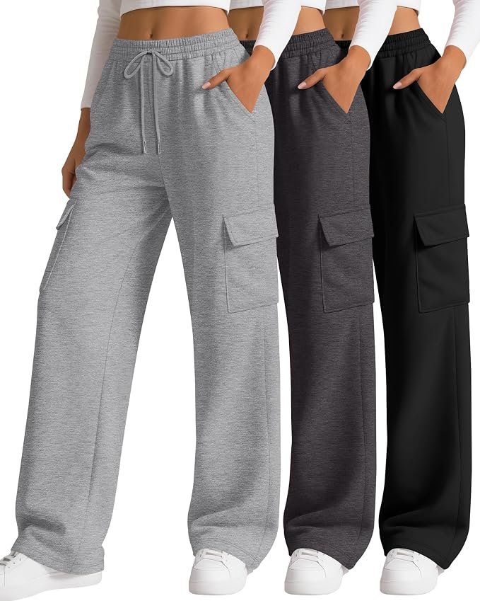 I wore Lightweight Top; the day developed a personality — Spshodow 3 Pack Women's Cargo Sweatpants High Waisted Drawstring Wide Leg Pants Casual Baggy Joggers with Pockets