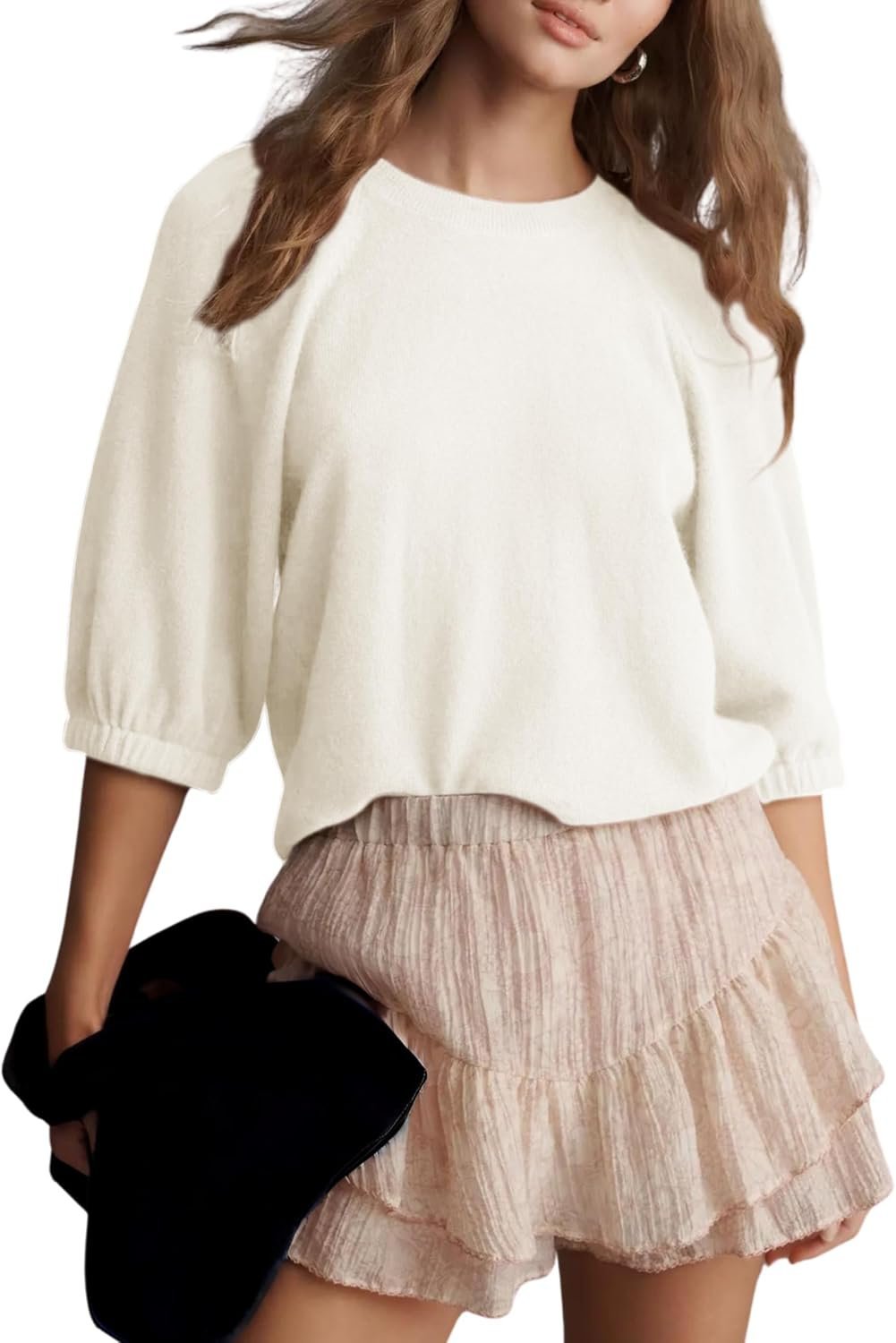 How to make Shirt feel intentional, comfortable, and current — Tanming Womens Puff Short Sleeve Sweater Crew Neck Casual Outfits Work Blouses Pullover Sweaters Knit Tops(White-XL)