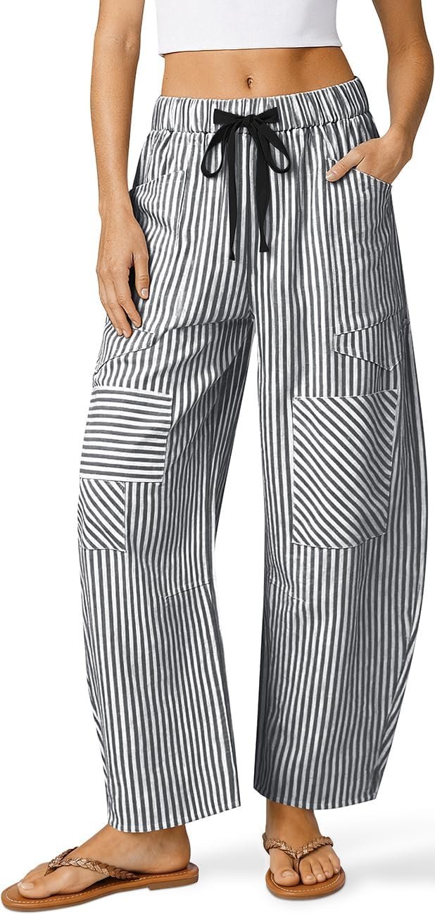 When Cropped Top makes the errand feel like a main character moment — Tarse Womens Striped Linen Barrel Pants Drawstring Y2k Patchwork Pockets