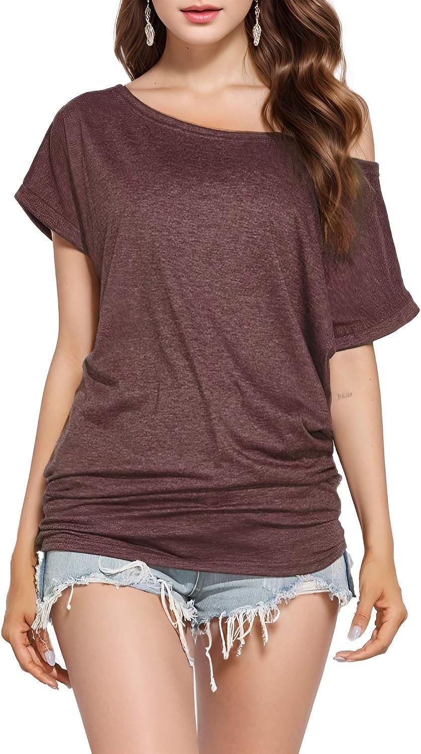 When Lightweight Jacket makes the errand feel like a main character moment — Teepie Womens Loose Fitting Tops Plain Sexy Off Shoulder Tops Flowy Short Sleeve Tunic Tshirt Gray Purple s
