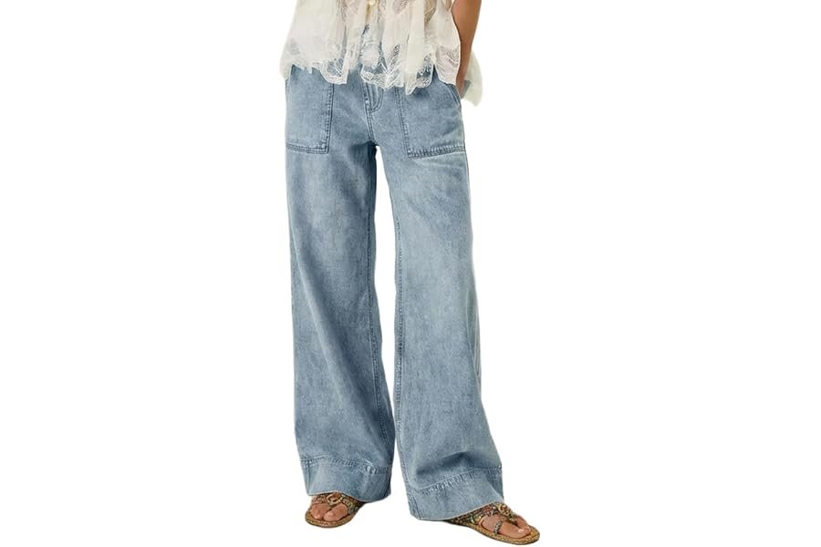 Square-Neck Tank Top understood the assignment before I did — Vidiva Women's Wide Leg Jeans Soft Baggy Low Mid Rise Elastic Waist Pull On Denim Pants Trendy Y2k