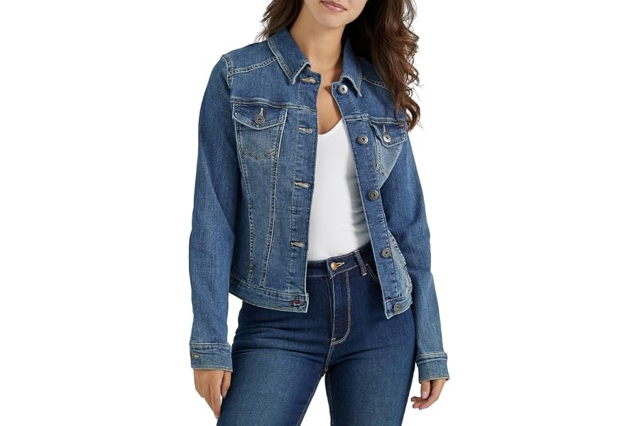 The on-the-go styling trick: letting Strapless Dress set the visual tone — Wrangler Authentics Women's Stretch Denim Jacket