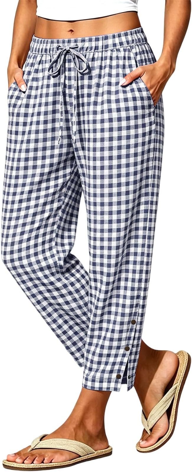 Cropped Shirt are doing the most, politely — Xijieniud Cropped Gingham Pants for Women with Pockets,Summer Fall