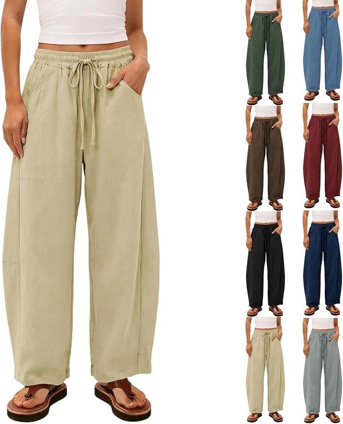 Building a low-maintenance on-the-go edit around T-Shirt — Yafinmo Wide Leg Baggy Linen Pants for Women Palazzo Lounge High Waist Drawstring Pants Dressy Summer Trousers with Pockets