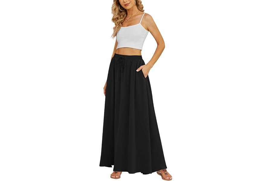 Soft textures, clean lines: Lightweight Sweatshirt in the sunset light — Yincro Women's Flowy Maxi Skirt Summer Pleated High Waisted Casual Long Skirts with Pockets