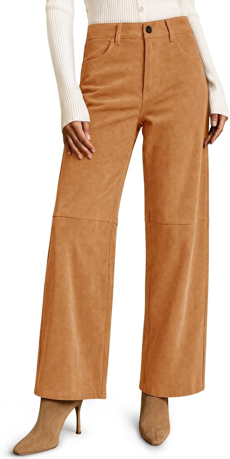 Styling Double-Lined Boat-Neck Tank Top for a everyday look — Yousify Women's Faux Suede Pants High Waisted Straight Leg Casual Trousers
