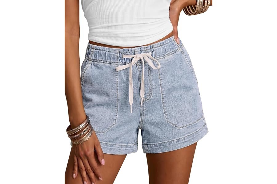 Coat understood the assignment before I did — luvamia Jean Shorts for Women High Waisted Pull On Drawstring Elastic Waist Trendy Stretchy Denim Jorts Summer Shorts