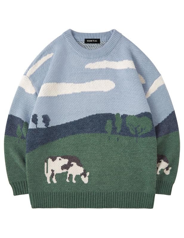 Partly cloudy, fully styled in Top — Vamtac Mens Oversized Sweater Vintage Graphic Pullover Crewneck Knit Jumper Y2K Unisex Streetwear 2026 Fall Tops