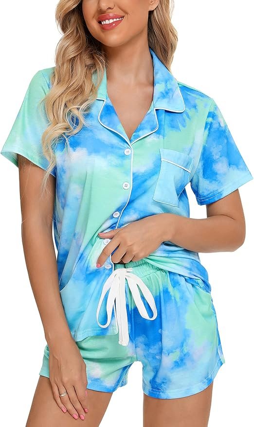 Shorts is carrying this outfit — Senert Women's Sleepwear Button Up Pajamas Short Sleeve Shirt and Shorts Pajama Set