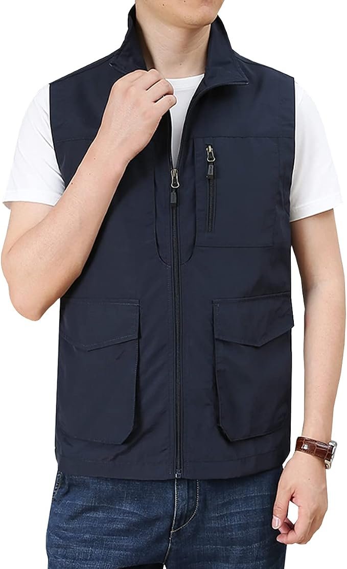 Lightweight Jacket walked into a closet and raised the bar — Hixiaohe Men's Casual Lightweight Outdoor Vest Work Fish Photo Travel Golf Vest Zip up Sleeveless Jacket with Pockets