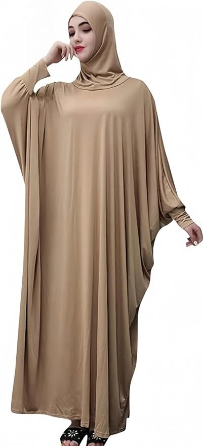 Partly cloudy, fully styled in Dress — Alilyol Women's Solid Muslim One-Piece Prayer Dress Abaya Kaftan with Hijab Full Length Dress