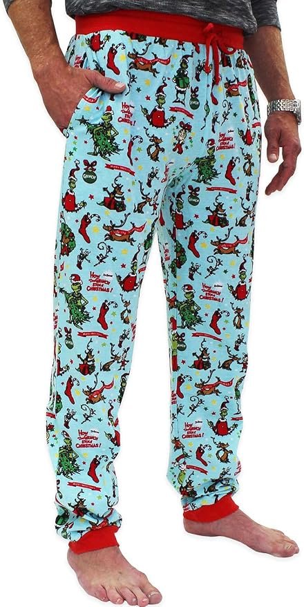 The schedule said casual; Top heard camera-ready — Dr. Seuss The Grinch Mens Christmas Holiday Santa Pajama Pants with Pockets