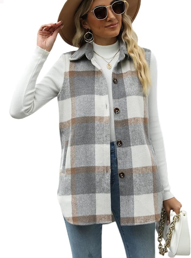 Partly cloudy, fully styled in Jacket — Tanming Women's Plaid Vest Fall Flannel Sleeveless Shacket