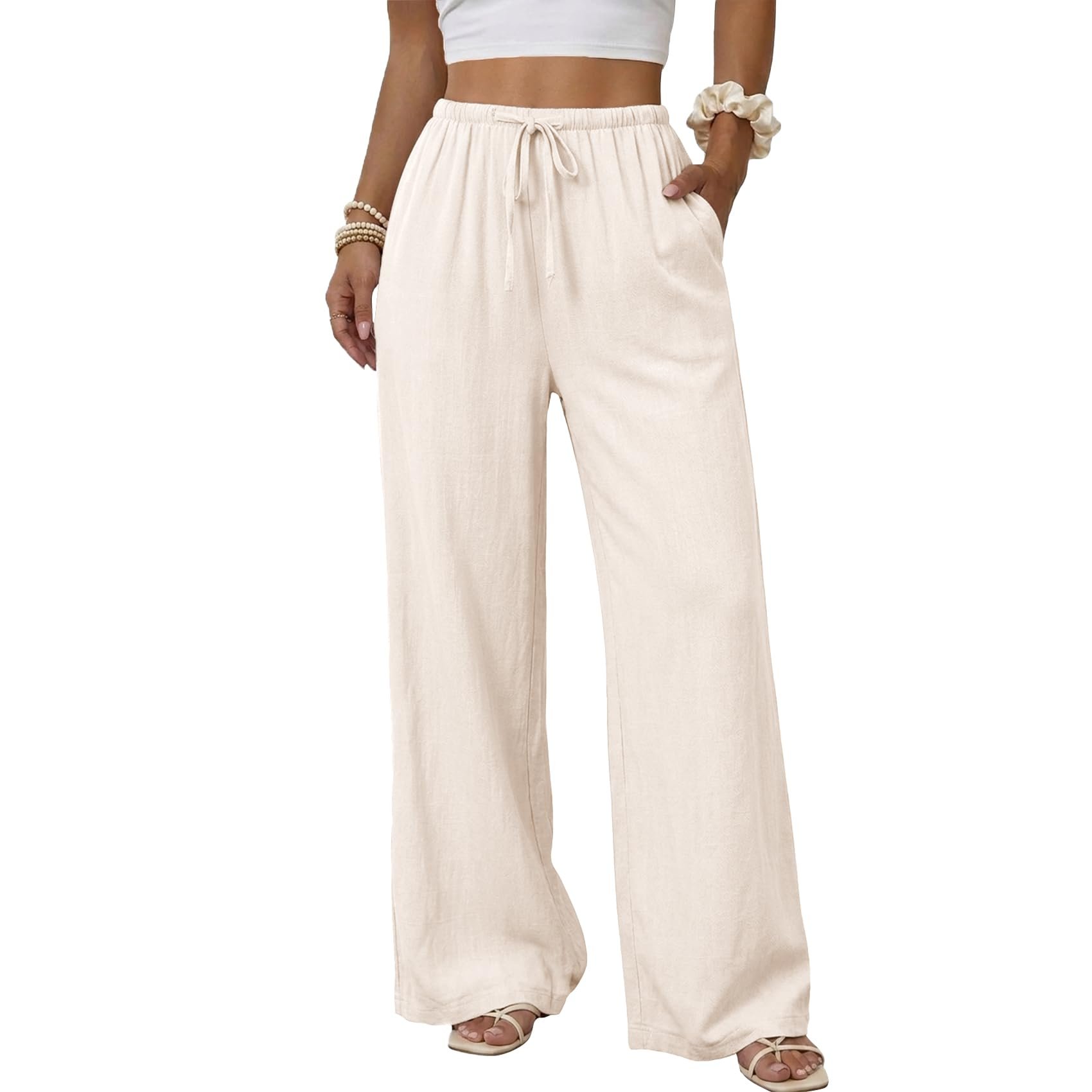 Cold front, warm welcome for T-Shirt — Duyang Womens Cotton Linen Palazzo Pants Drawstring Elastic Waist Casual Wide Leg Trousers with Pockets