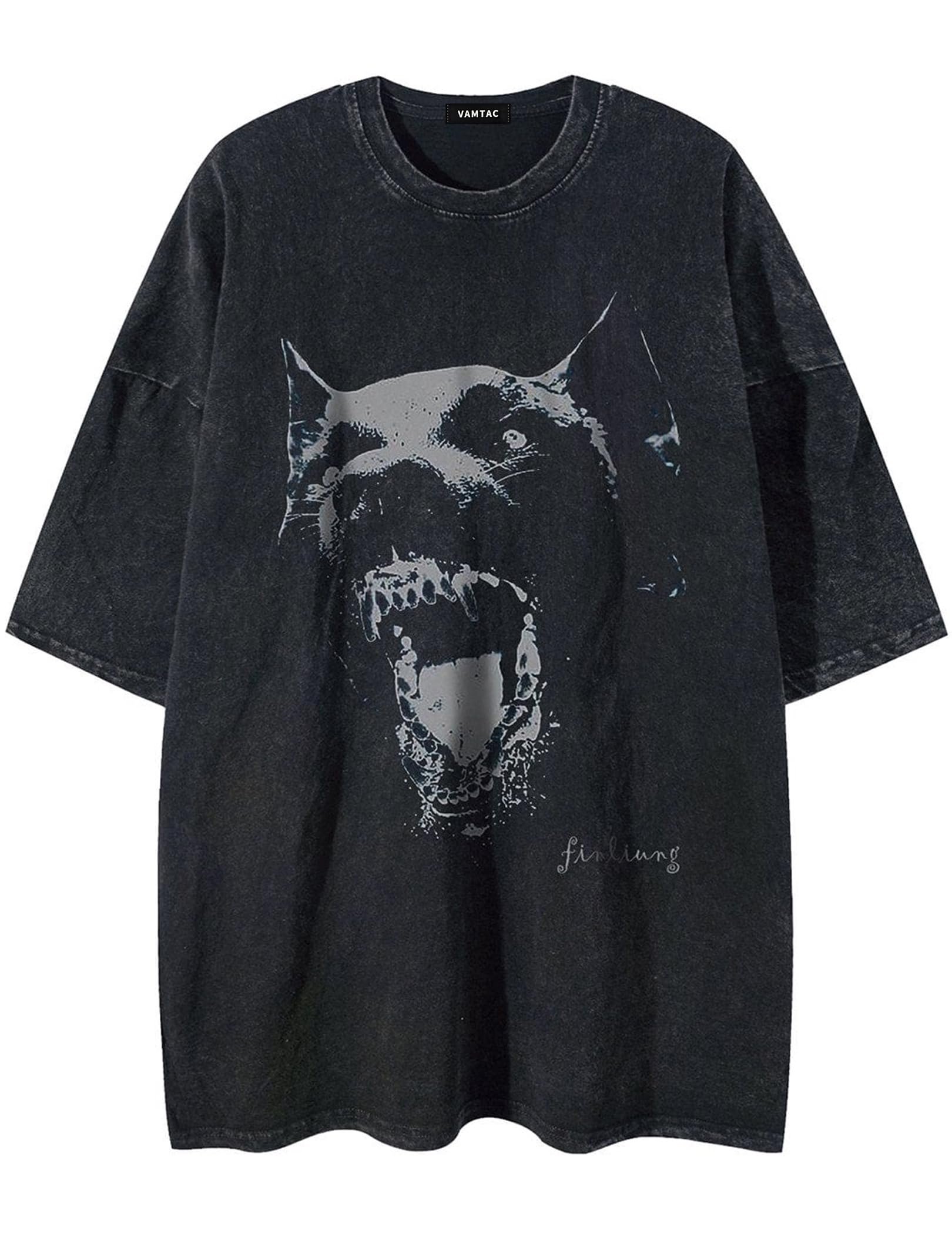 Partly cloudy, fully styled in T-Shirt — Vamtac Mens Oversized Washed Dog Graphic Tees Casual Summer Tops Streetwear Aesthetic T-Shirt